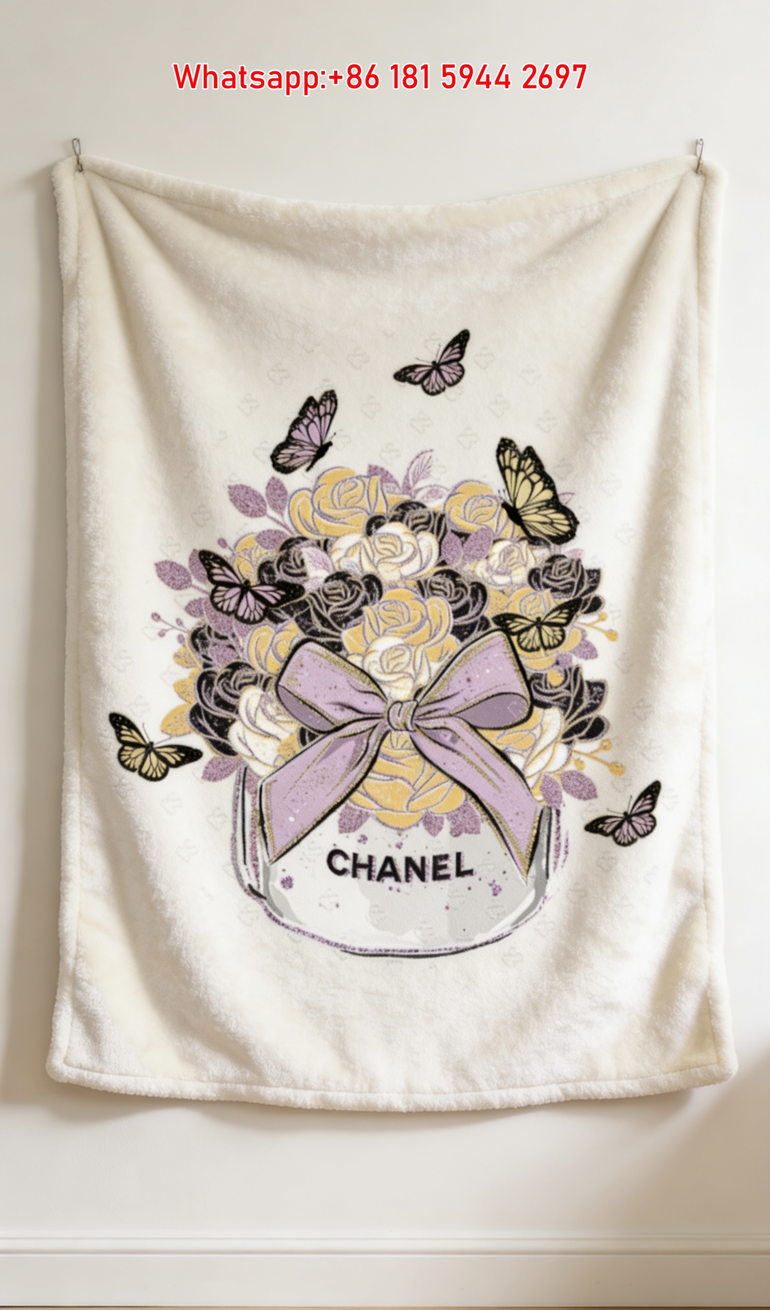 Chanel Flannel Throw Blanket – Luxury Floral Bouquet & Butterfly Art Print IMG_7337